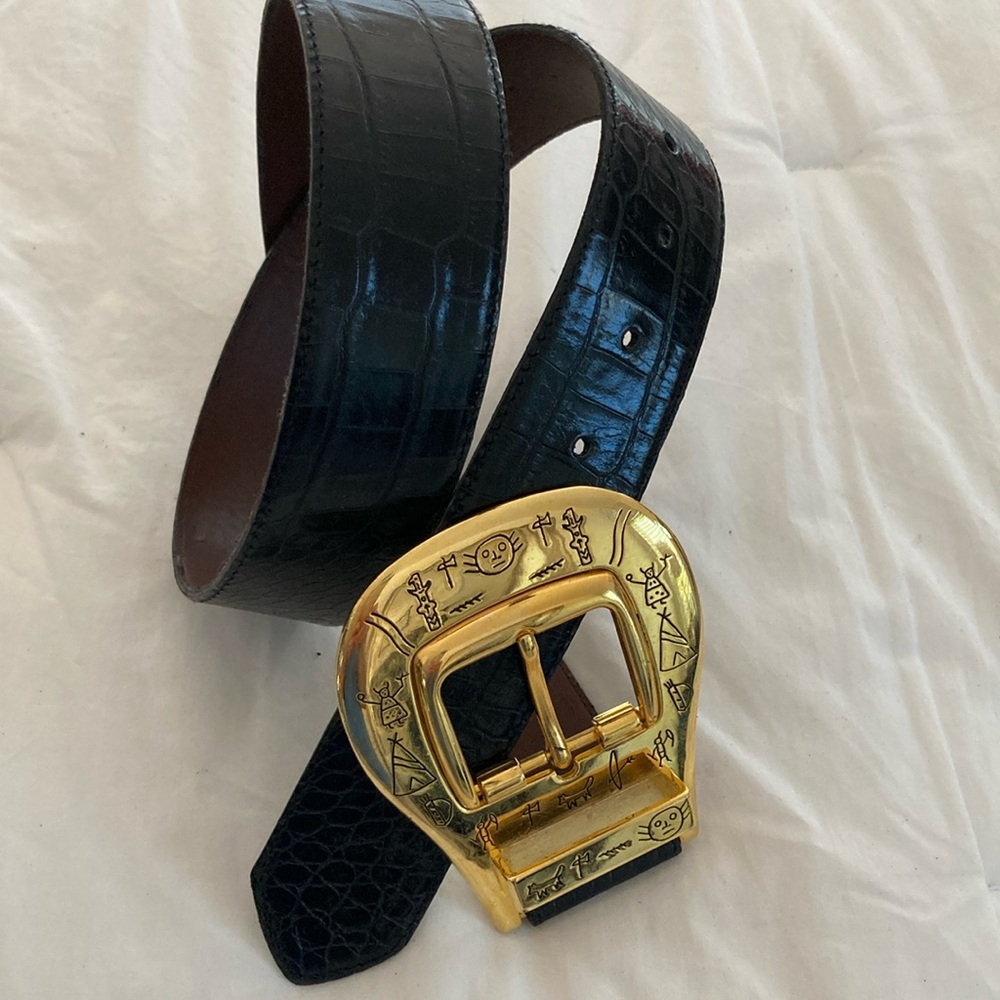 🆕 Luxury Black & Gold Croco embossed Italian Leather Ladies Belt; Size Medium